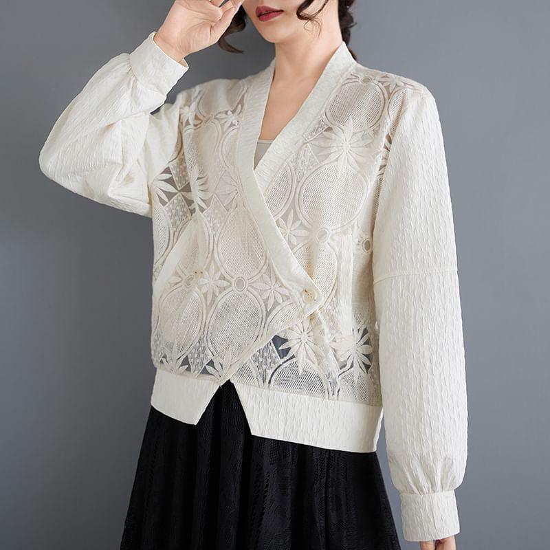 V-Neck Floral Embroidered Double-Breasted Jacket Product Image