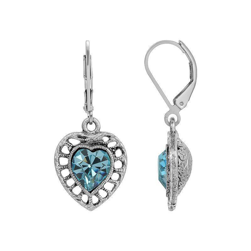 1928 Silver Tone Filigree Blue Stone Heart Drop Earrings, Womens Product Image