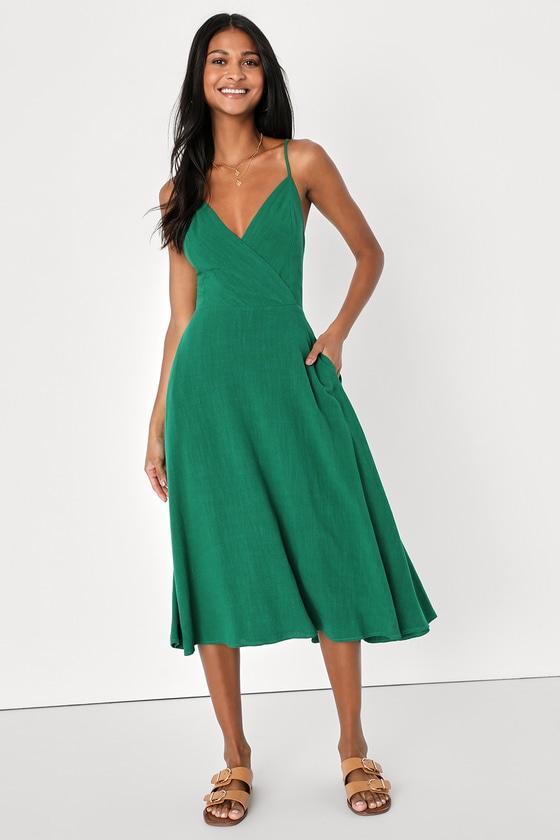 Warm Afternoons Green Linen Tie-Back Midi Dress With Pockets Product Image