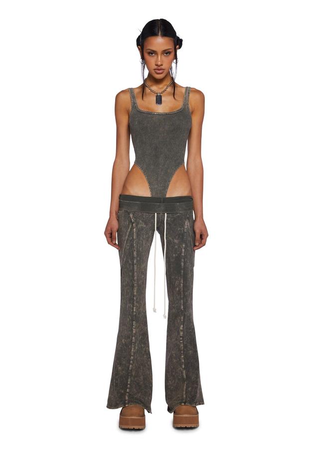 Mineral Acid Washed Ribbed Bodysuit And Pants Set - Green Product Image