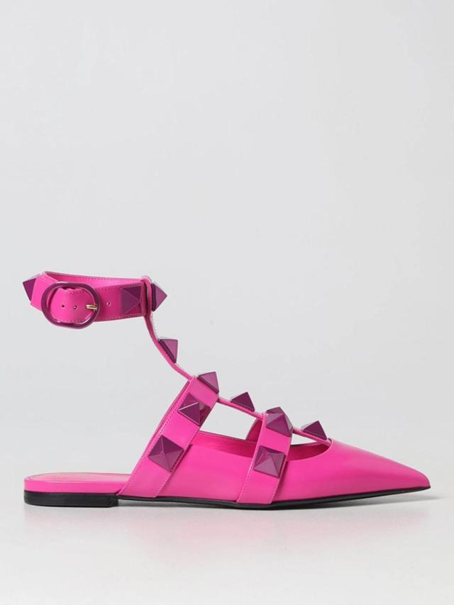 Roman Stud Leather Ankle-strap Ballerina Flats In Pink Product Image