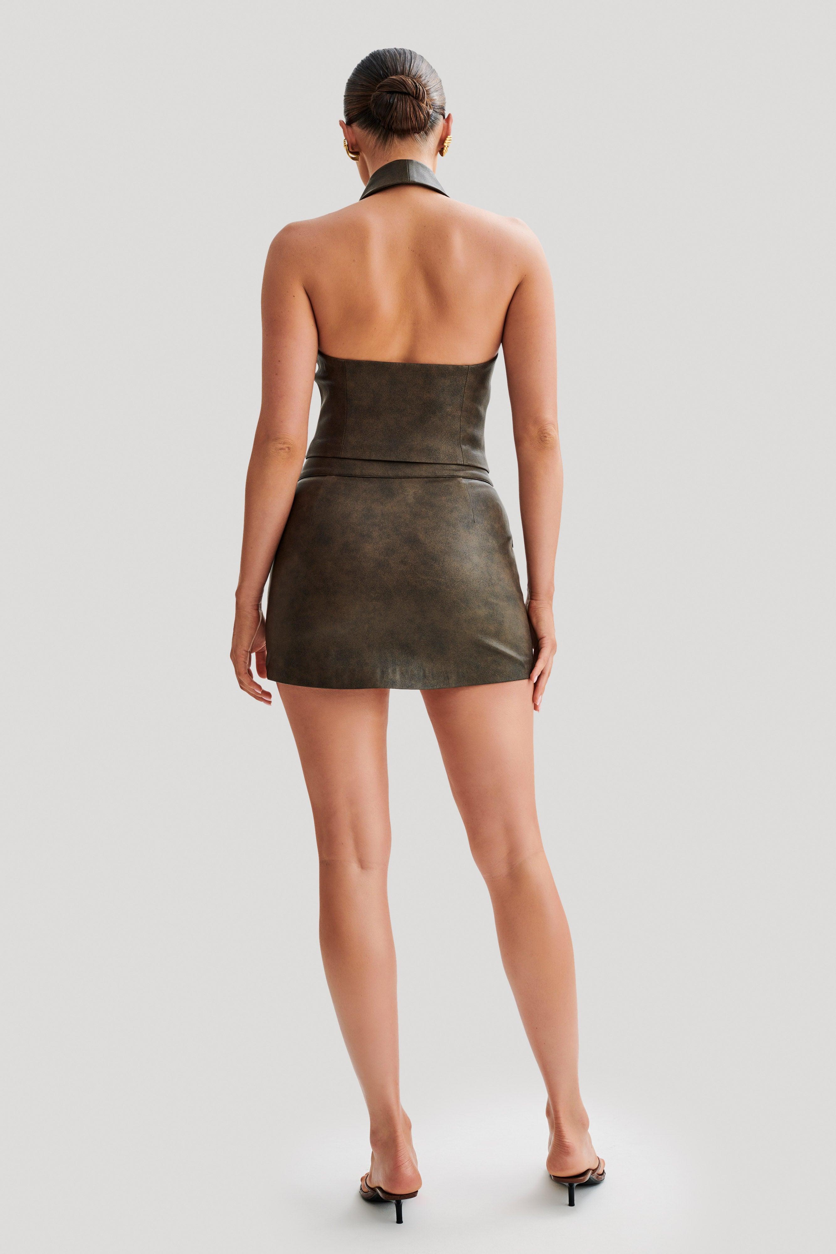 Kristen Faux Leather Mini Skirt - Vintage Chocolate Product Image