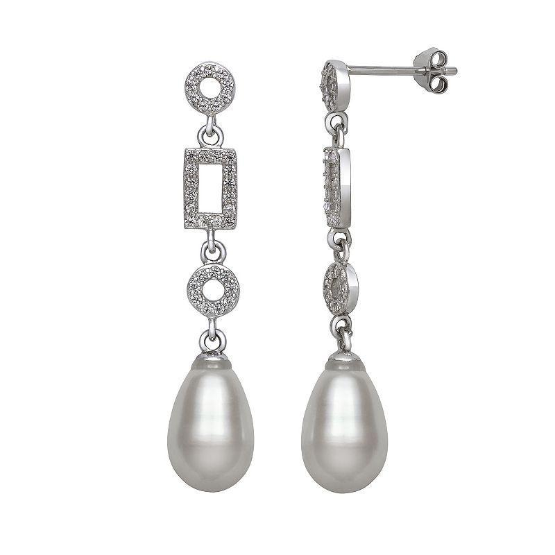 Sterling Silver Freshwater Cultured Pearl & Cubic Zirconia Geometric Drop Earrings, Womens, White Product Image