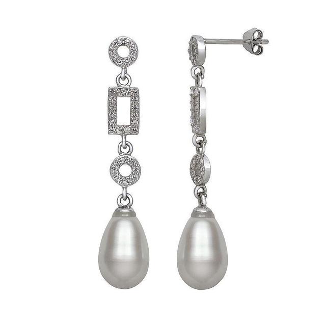 Sterling Silver Freshwater Cultured Pearl & Cubic Zirconia Geometric Drop Earrings, Womens Product Image