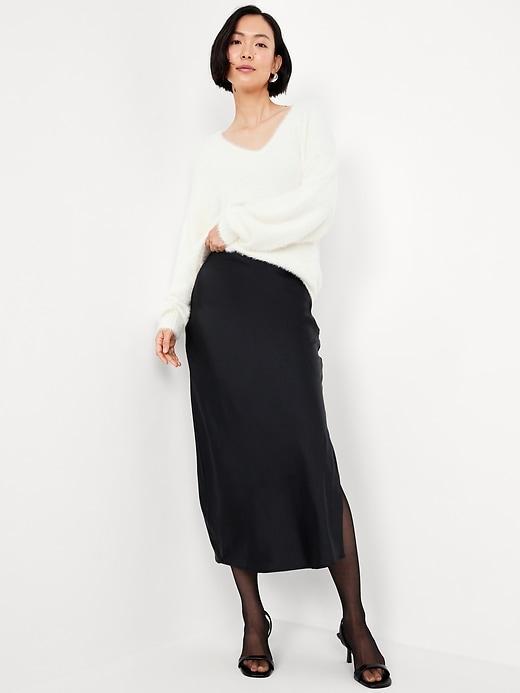 High-Waisted Satin Midi Slip Skirt Product Image