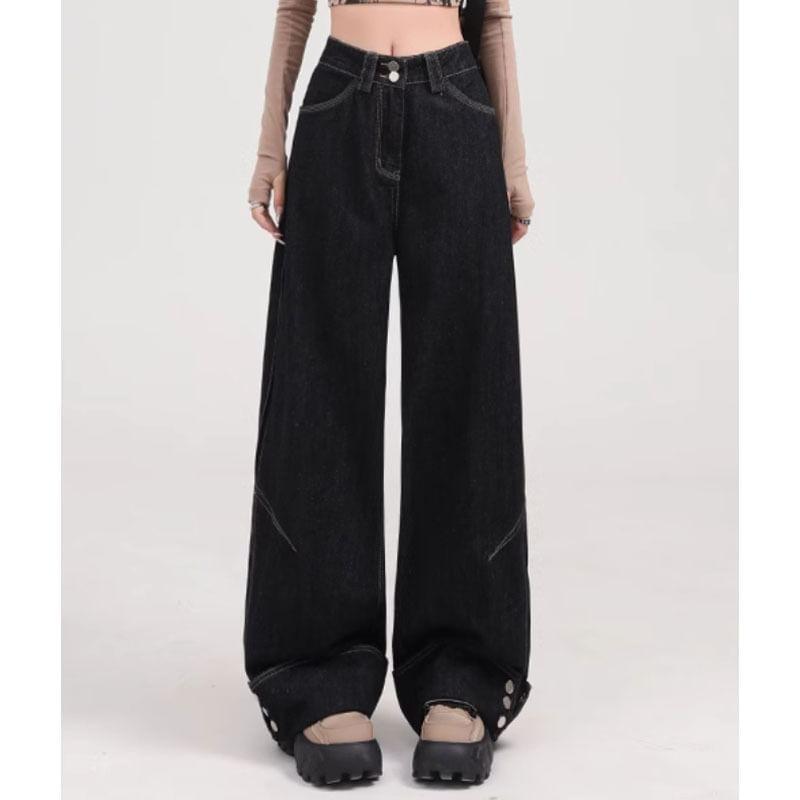 High Waist Contrast Stitching Wide Leg Jeans Product Image