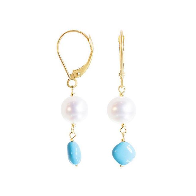 Jewelmak 14k Gold White Freshwater Cultured Pearl & Turquoise Dangle Earrings, Womens Product Image