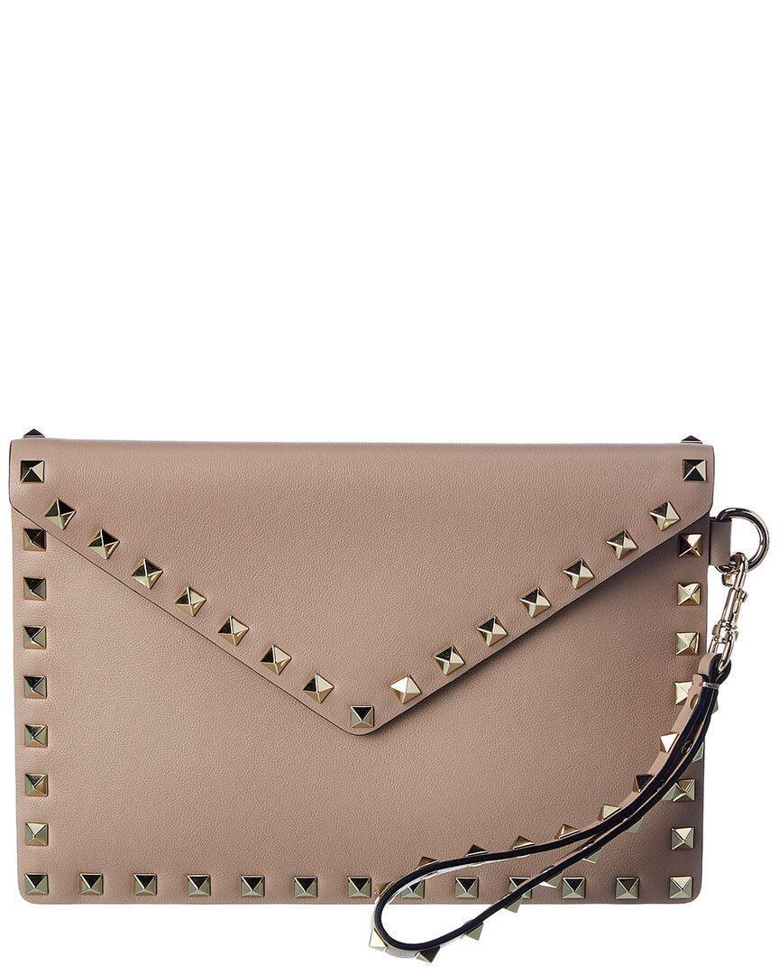 VALENTINO GARAVANI Rockstud Leather Pouch In Beige Product Image