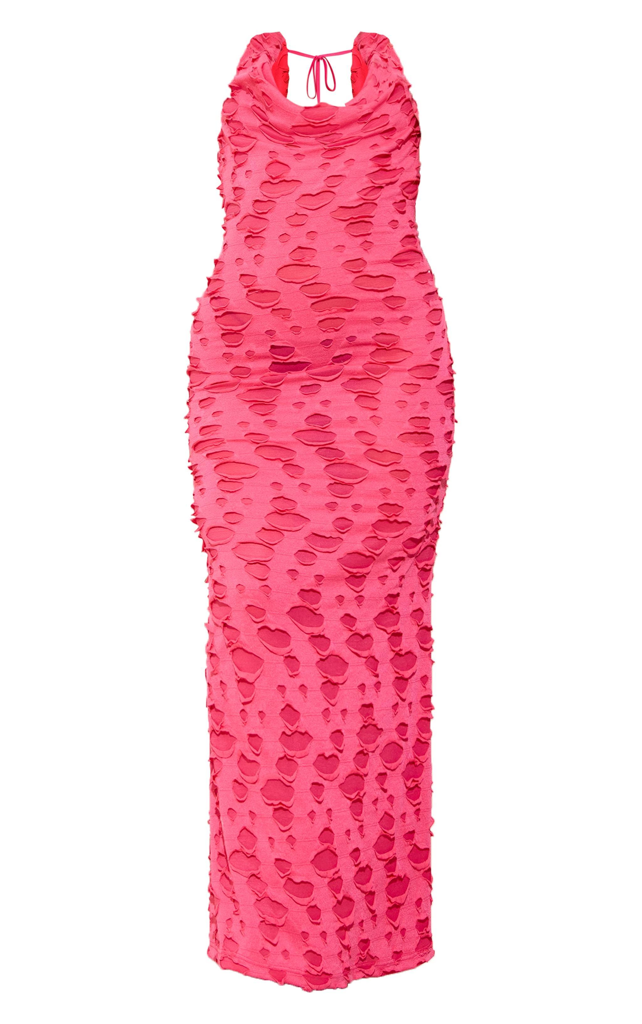 Hot Pink Woven Textured Cowl Neck Maxi Dress Product Image