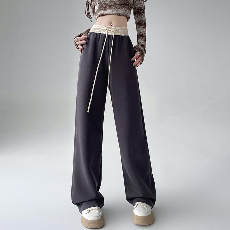 Drawstring Waist Two Tone Wide Leg Sweatpants Product Image