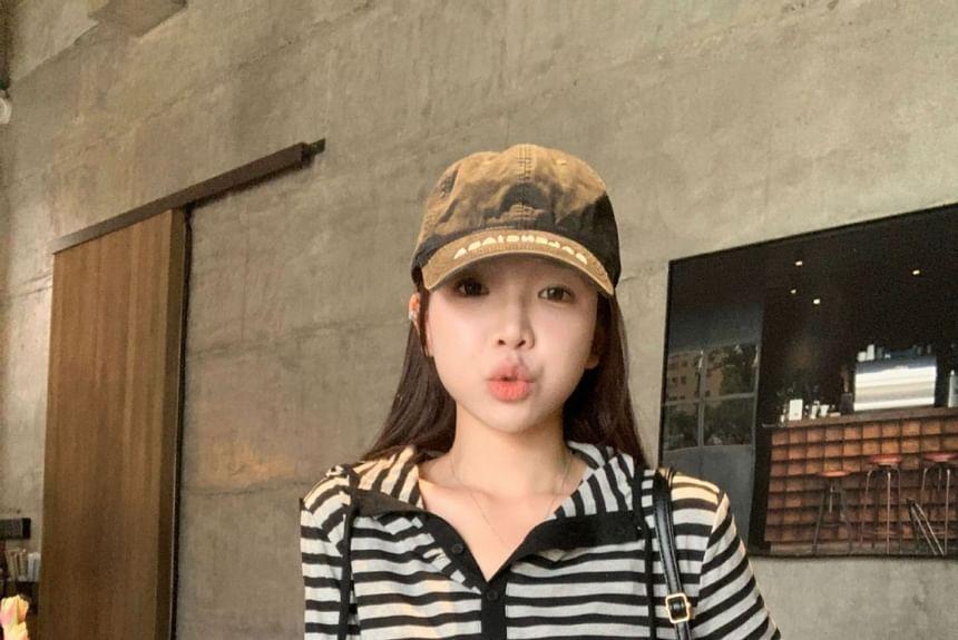 Hooded Drawstring Long-Sleeve Striped Crop T-Shirt Product Image