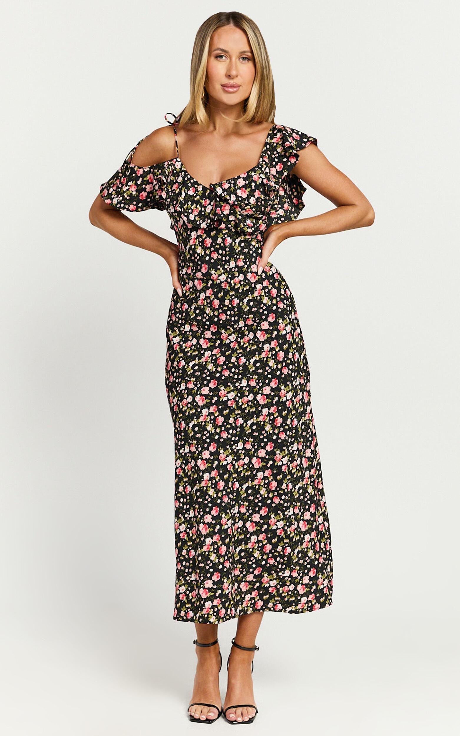 Giulia Midi Dress - One Shoulder Frill Detail Dress in Black Floral Product Image