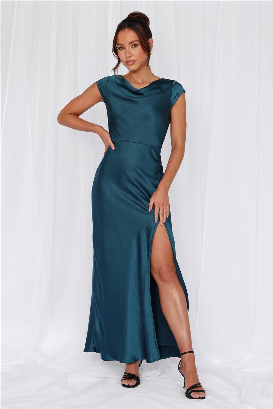 HELLO MOLLY The Valentina Cap Sleeve Satin Maxi Dress Teal Product Image