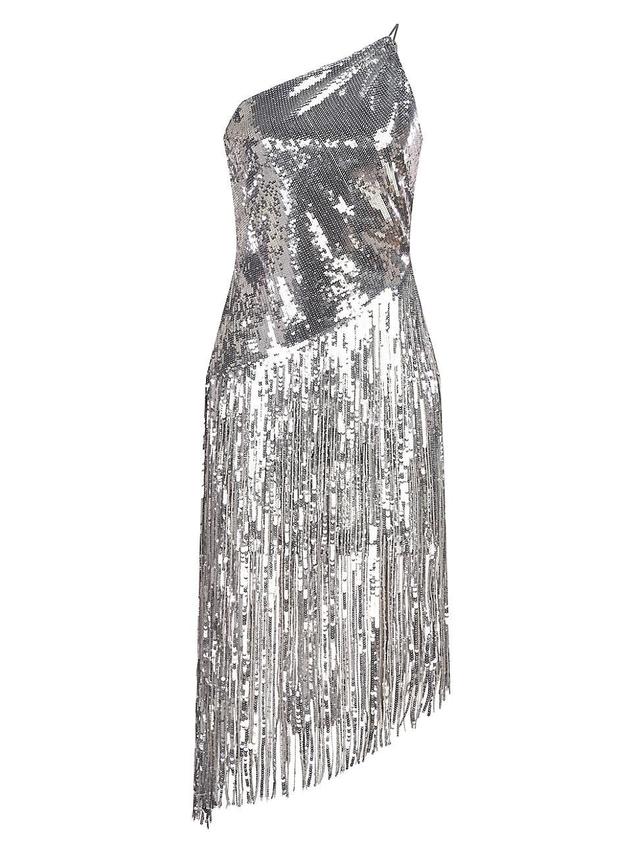 HALSTON Tonya Sequin Fringe One-Shoulder Cocktail Dress Product Image