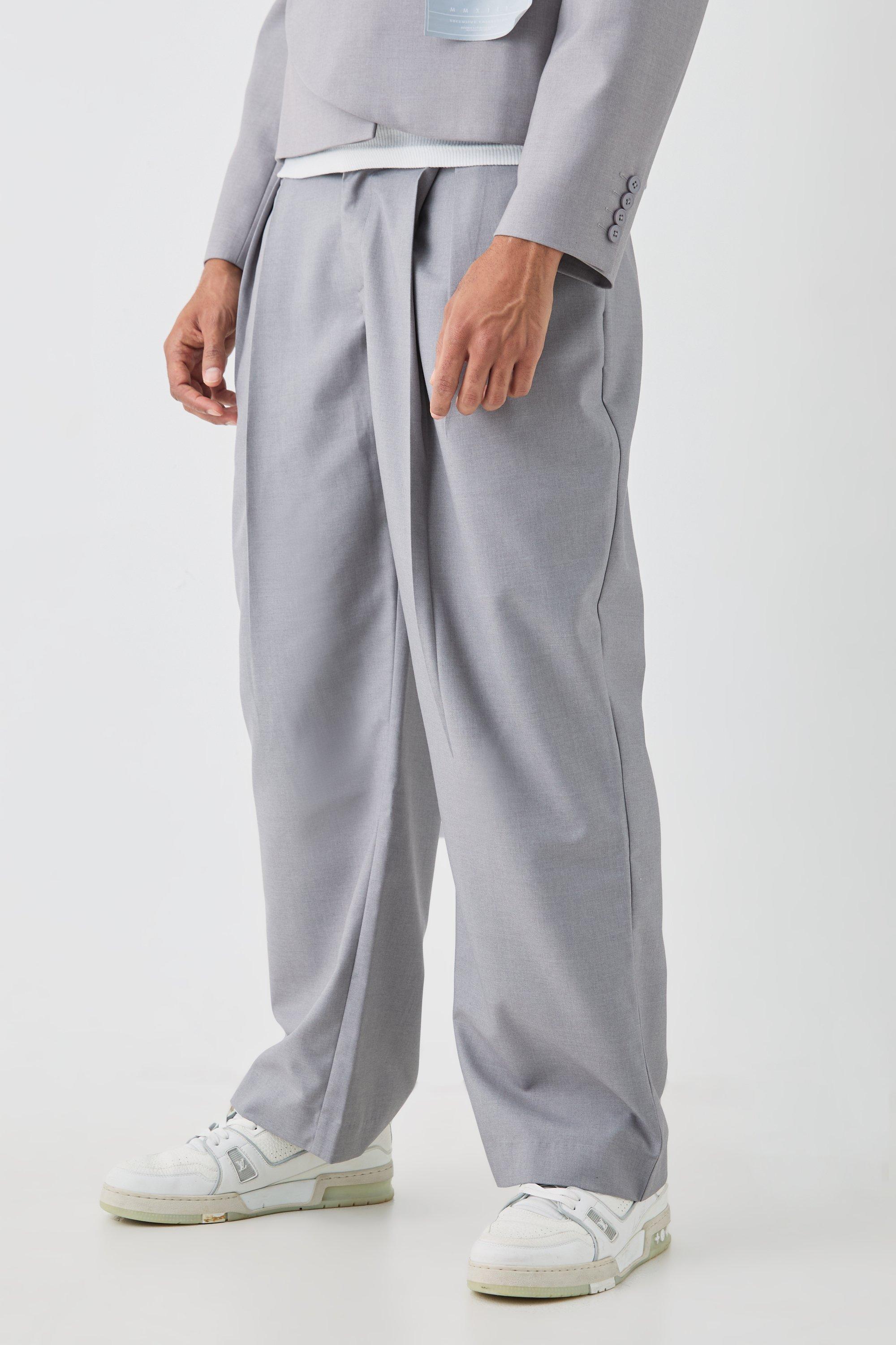 Tailored Fixed Waist Wide Leg Pleated Pants In Grey | boohooMAN USA product image