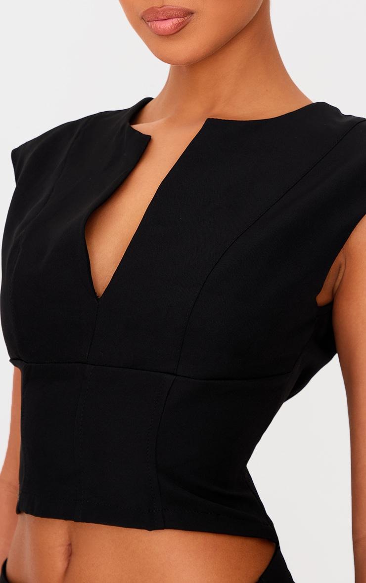 Black Tailored Woven Plunge Cap Sleeve Cinched Waist Long Top Product Image