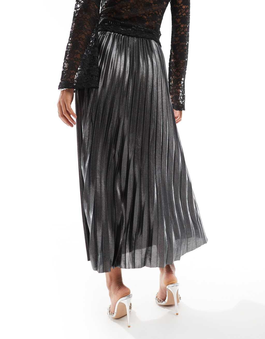 ONLY pleated maxi skirt in gray metallic Product Image