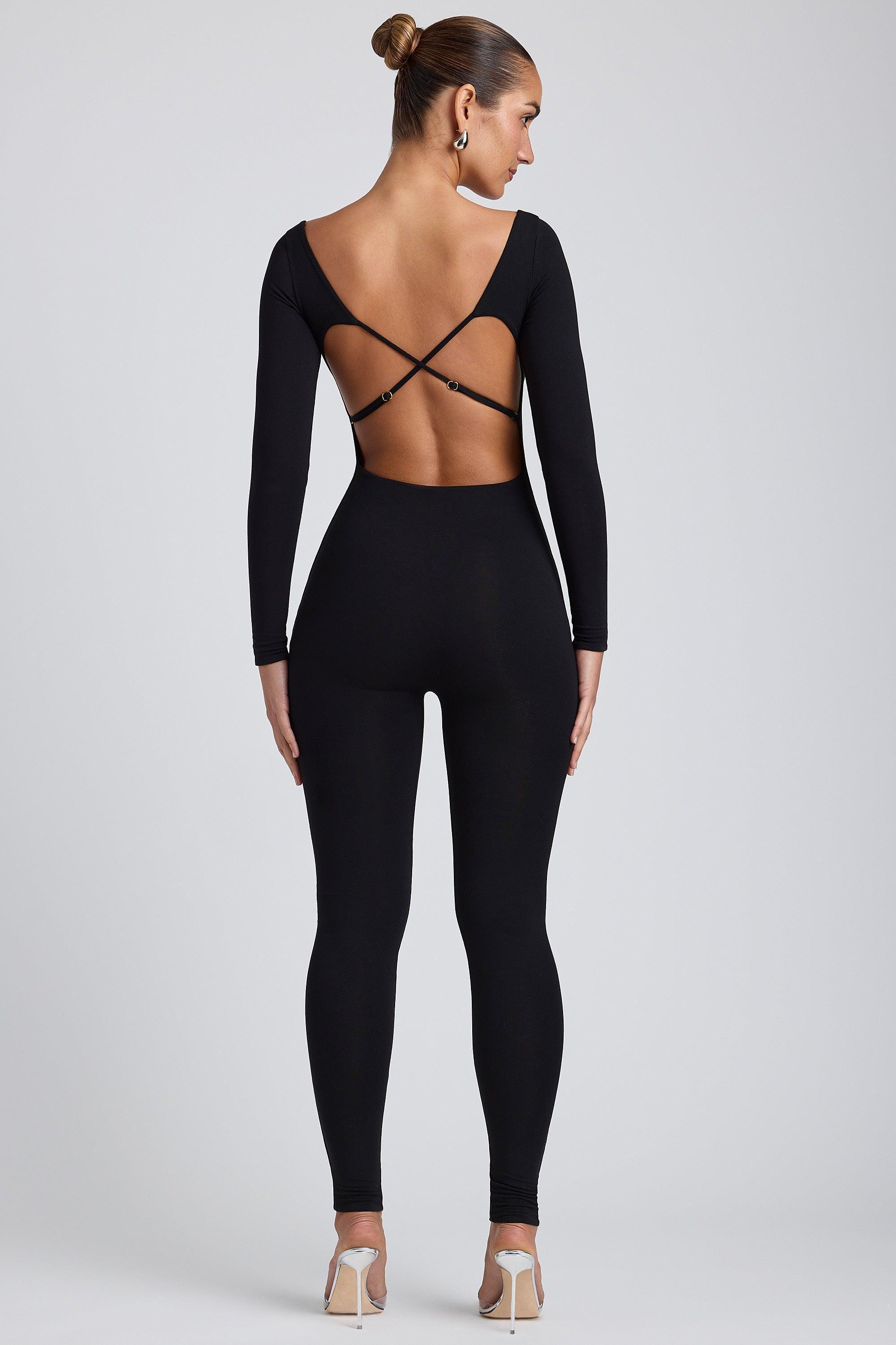 Modal Scoop-Neck Cross-Back Jumpsuit in Black Product Image