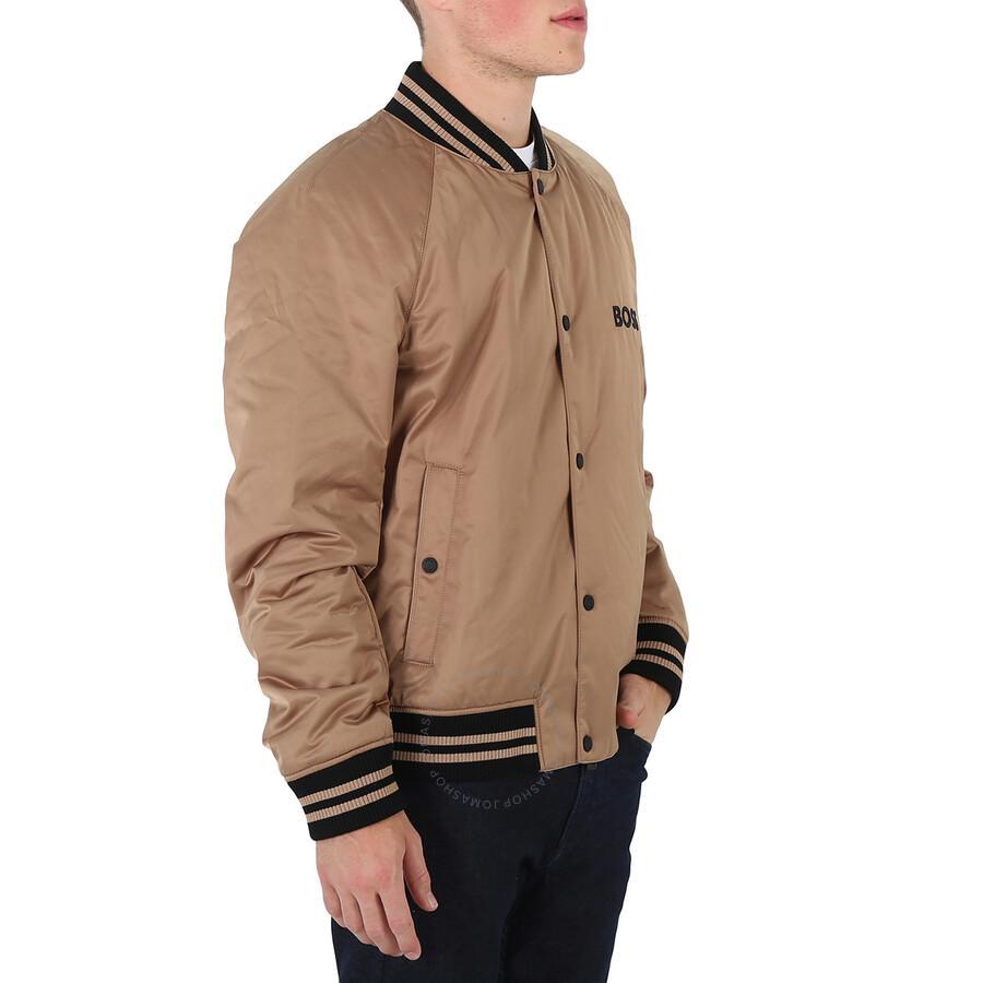 Men's Medium Beige Stripes And Branding Satin Bomber Jacket Product Image