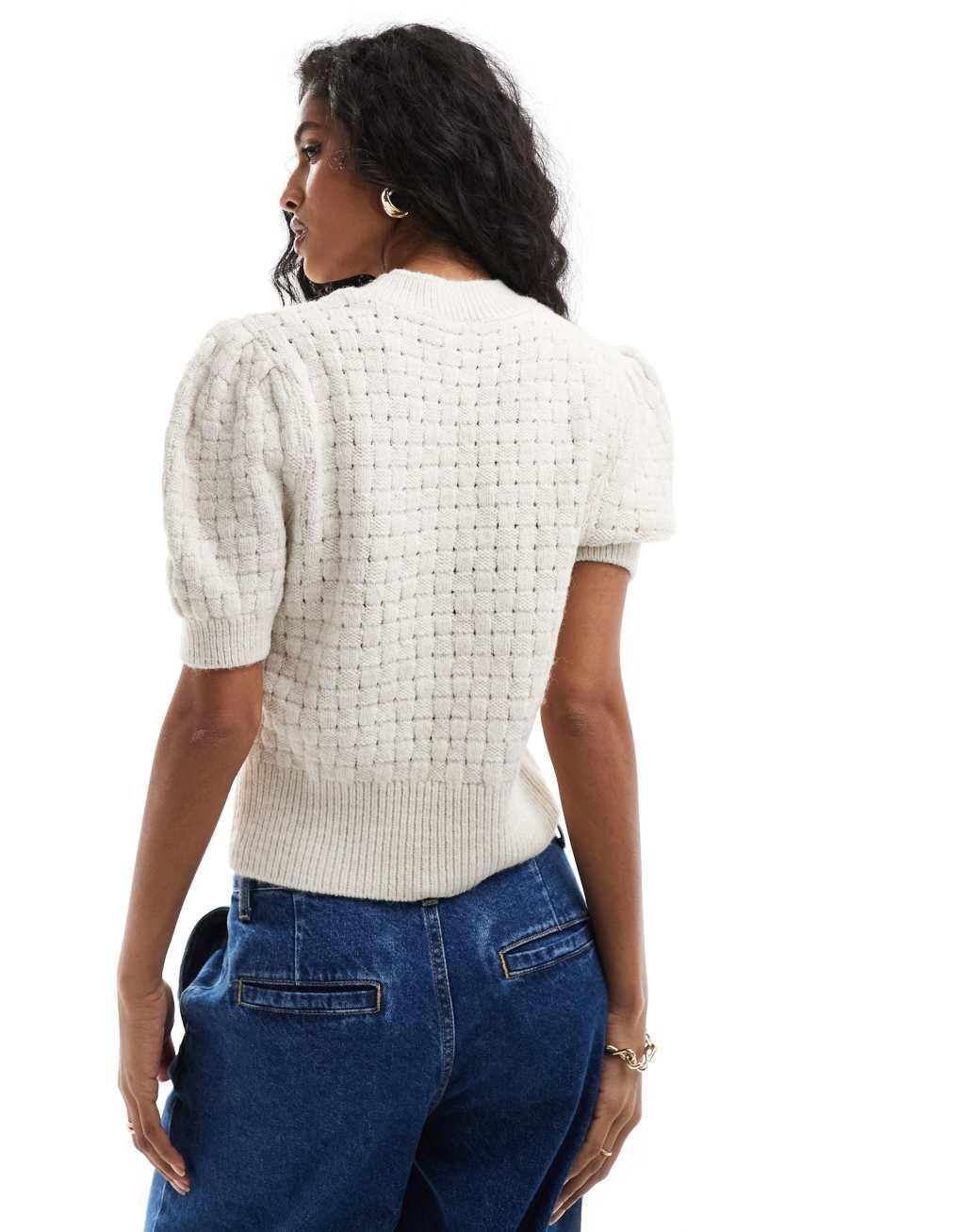 ASOS DESIGN knitted t shirt with puff sleeve in stitch in cream Product Image