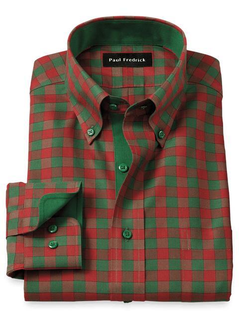 Non-Iron Cotton Gingham Dress Shirt With Contrast Trim - Green/rust Product Image