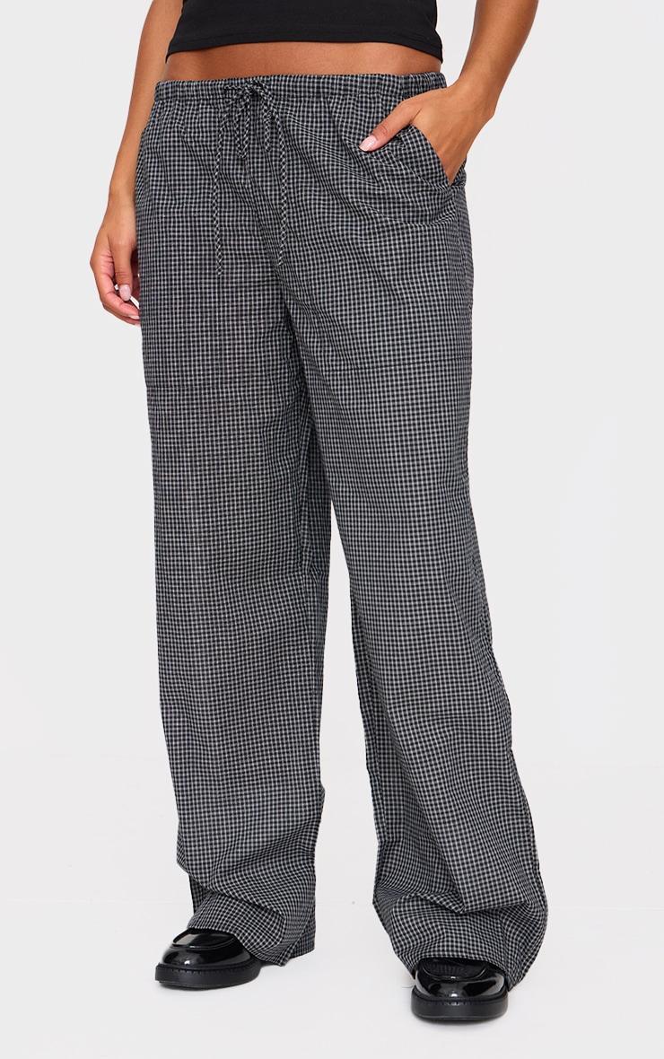 Charcoal Gingham Woven Drawstring Waist Low Rise Relaxed Pants Product Image