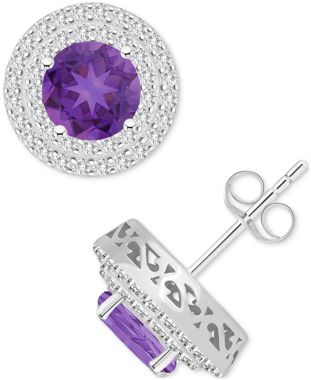 Celebration Gems Sterling Silver Round-Cut Amethyst & White Topaz Double Halo Stud Earrings, Womens Product Image