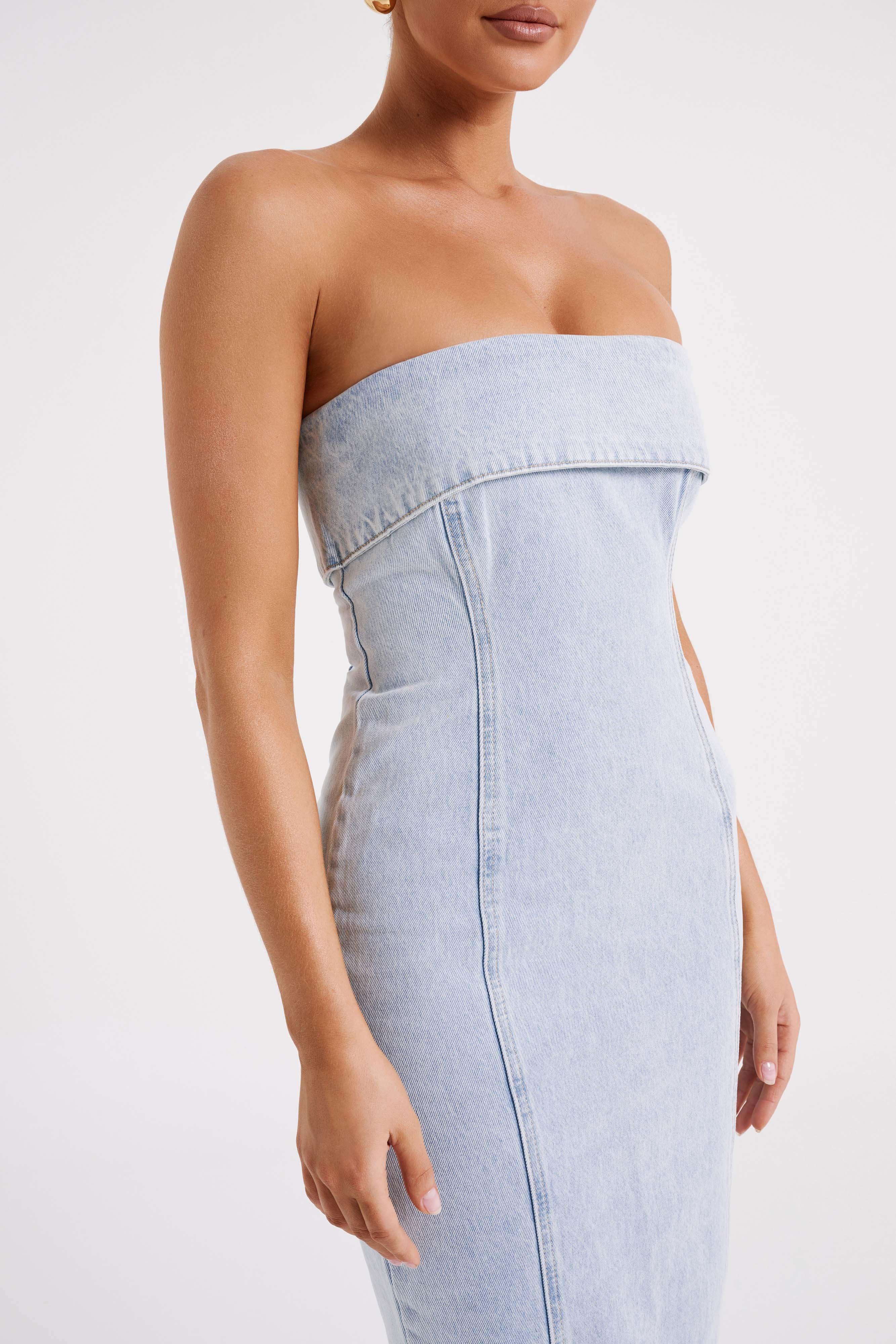 Katherine Strapless Denim Midi Dress - Light Blue Product Image