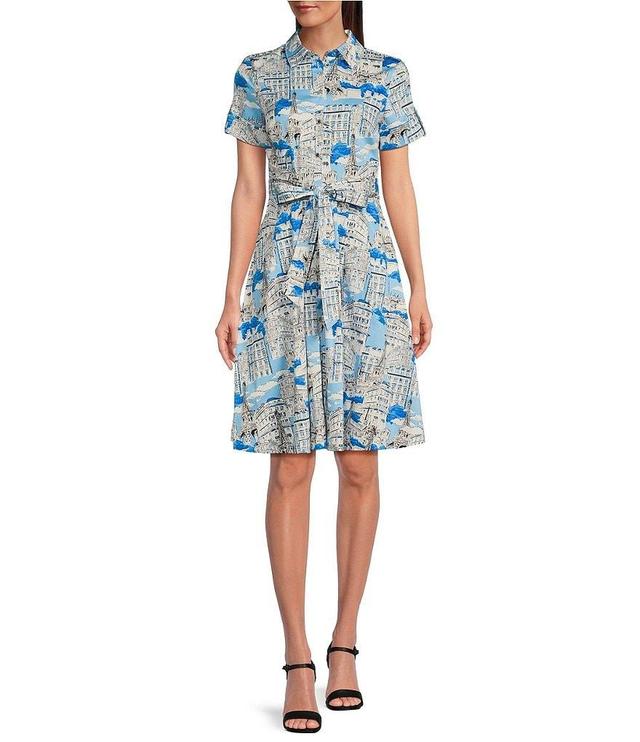 KARL LAGERFELD PARIS Printed Collared Neck Short Sleeve Shirt Dress Product Image