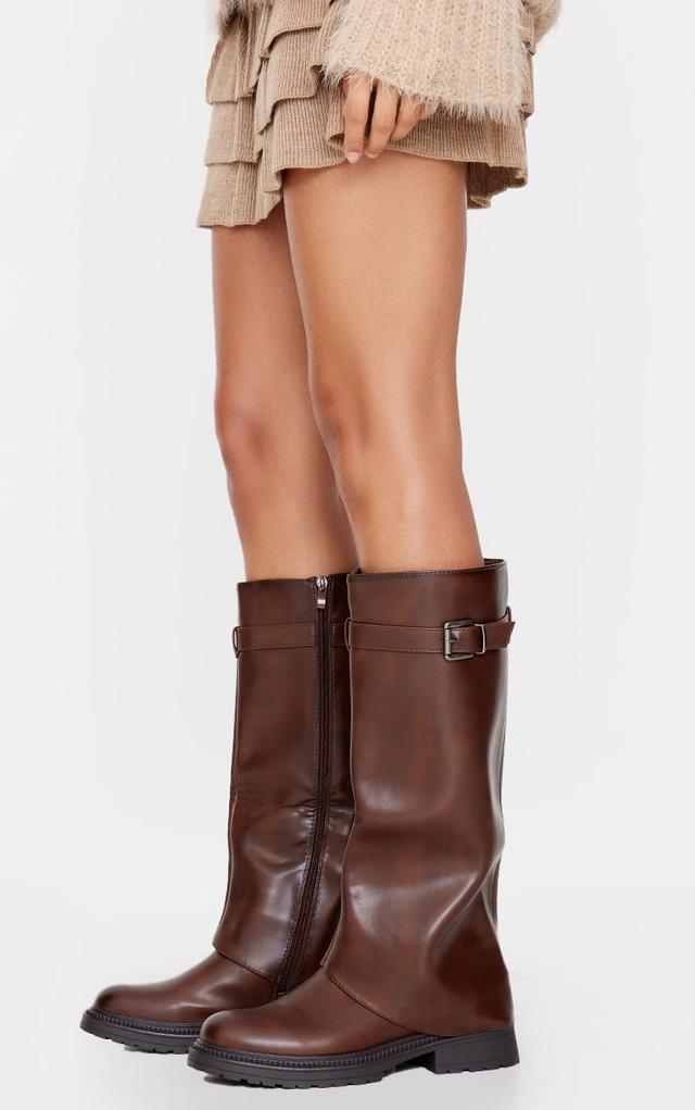 Brown PU Round Toe Fold Over Buckle Detail Knee High Boots Product Image