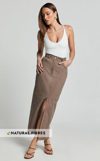 Vanna Midi Skirt - High Waisted Front Slit Skirt in Mocha Product Image