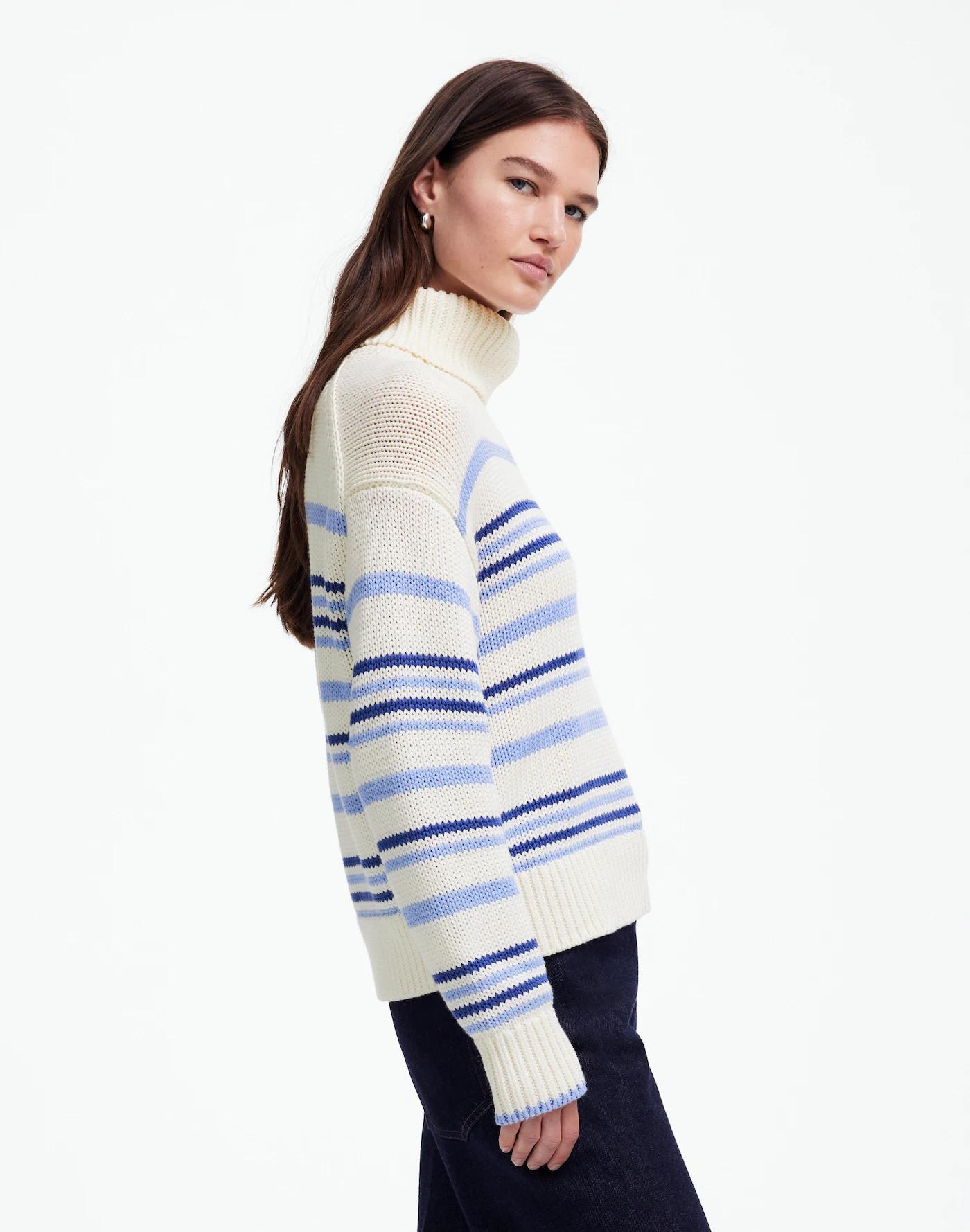 Ribbed Cotton Turtleneck Sweater in Stripe Product Image