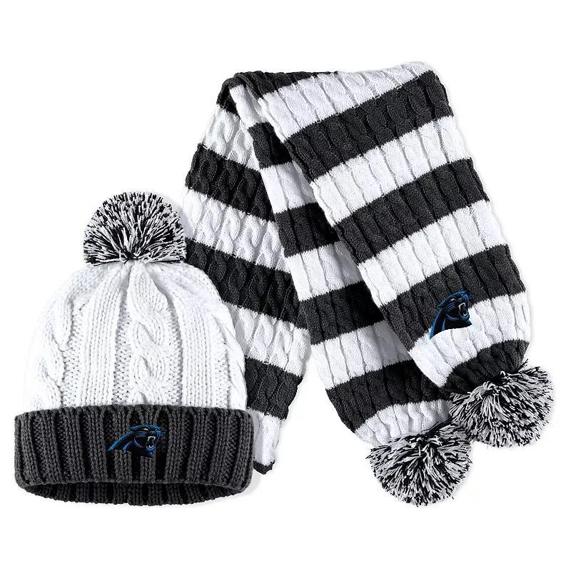 Womens WEAR by Erin Andrews Black/White Carolina Panthers Cable Stripe Cuffed Knit Hat with Pom and Scarf Set Product Image