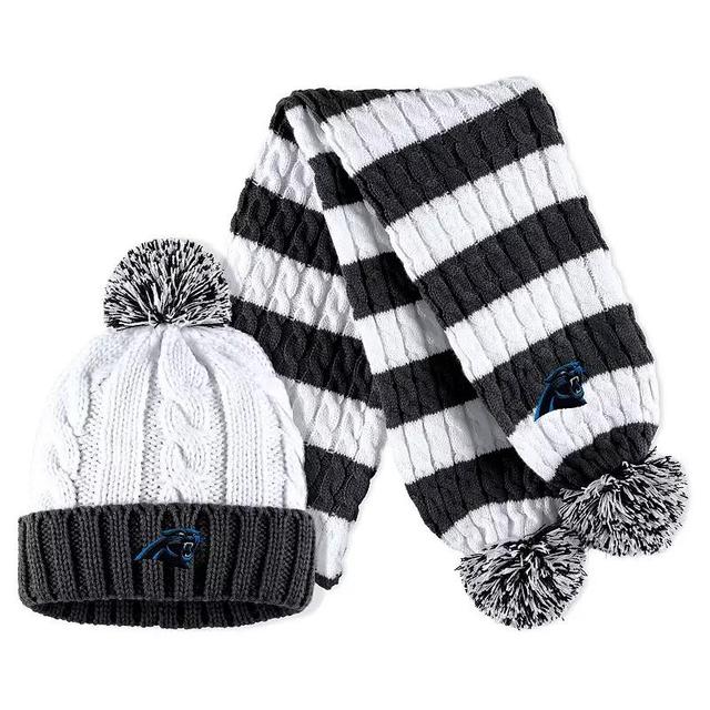 Womens Wear by Erin Andrews Black Carolina Panthers Cable Stripe Cuffed Knit Hat with Pom and Scarf Set - Black Product Image