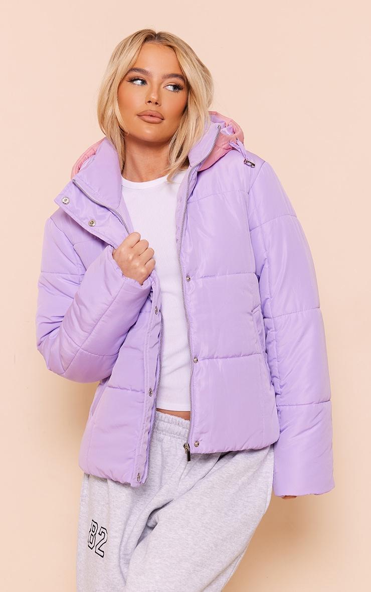 Lilac Contrast Hood Puffer Jacket Product Image