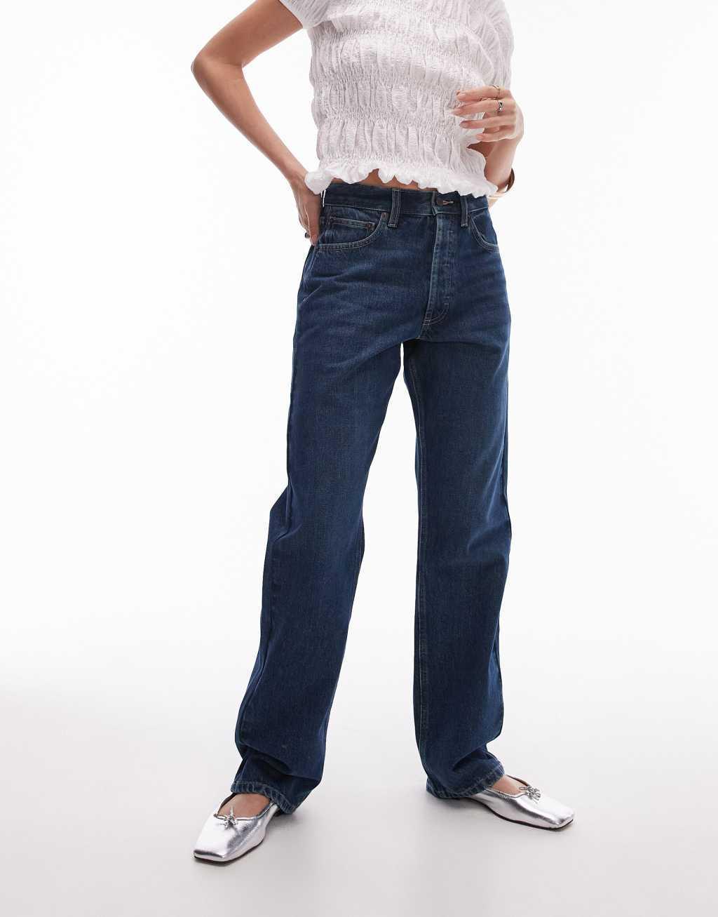 Topshop high rise straight Kort jeans in tinted dark blue Product Image