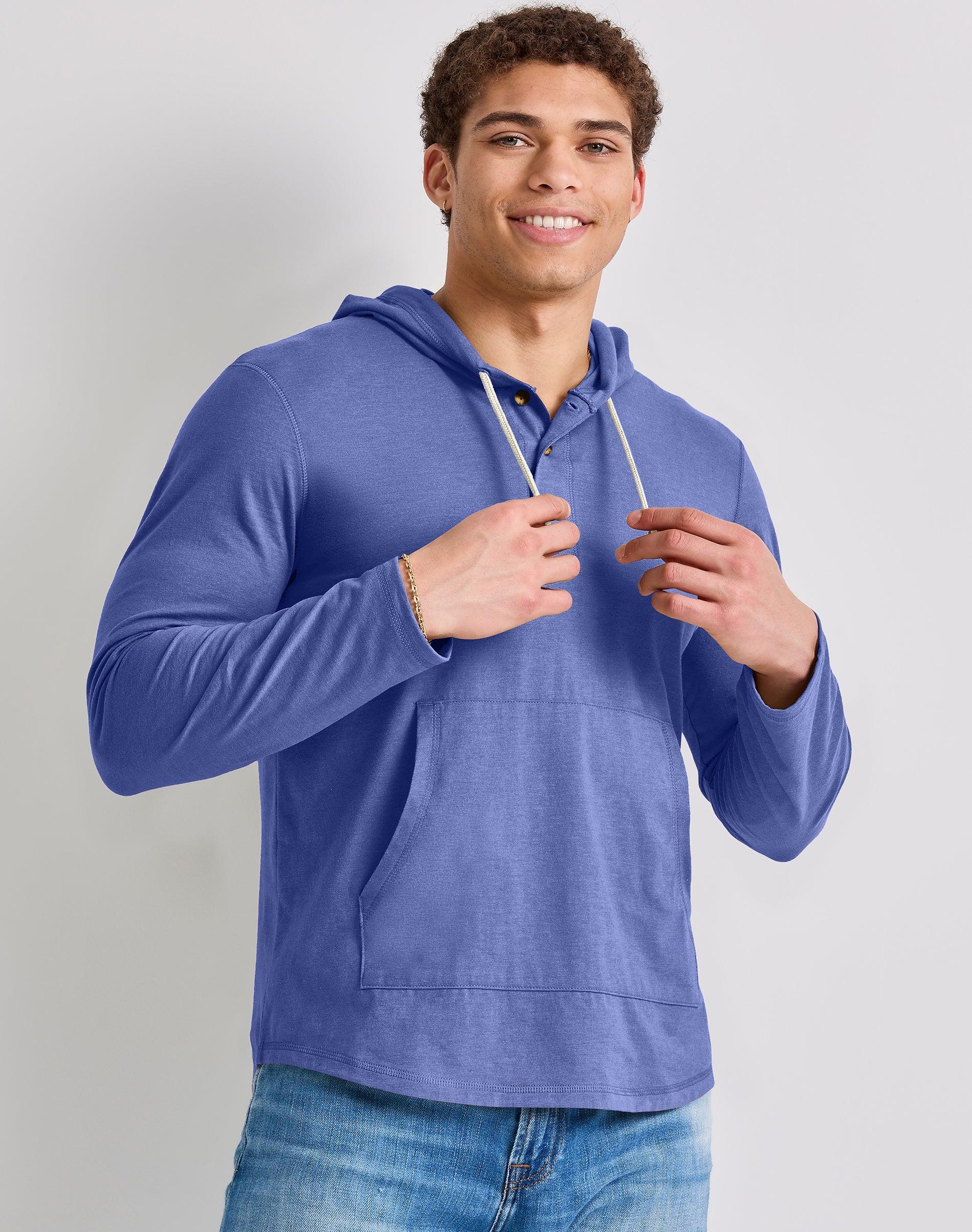 Mens Hanes Originals Cotton Henley Hoodie Green Product Image