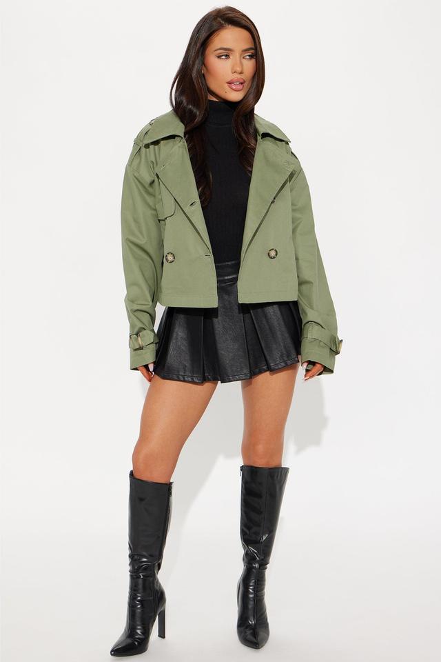 Windy City Cropped Trench Coat - Olive Product Image