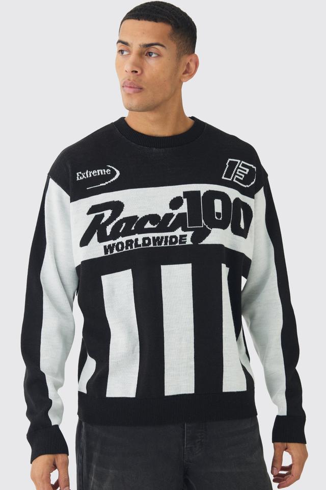 Oversized Boxy Moto Stripe Knitted Sweater | boohooMAN USA Product Image