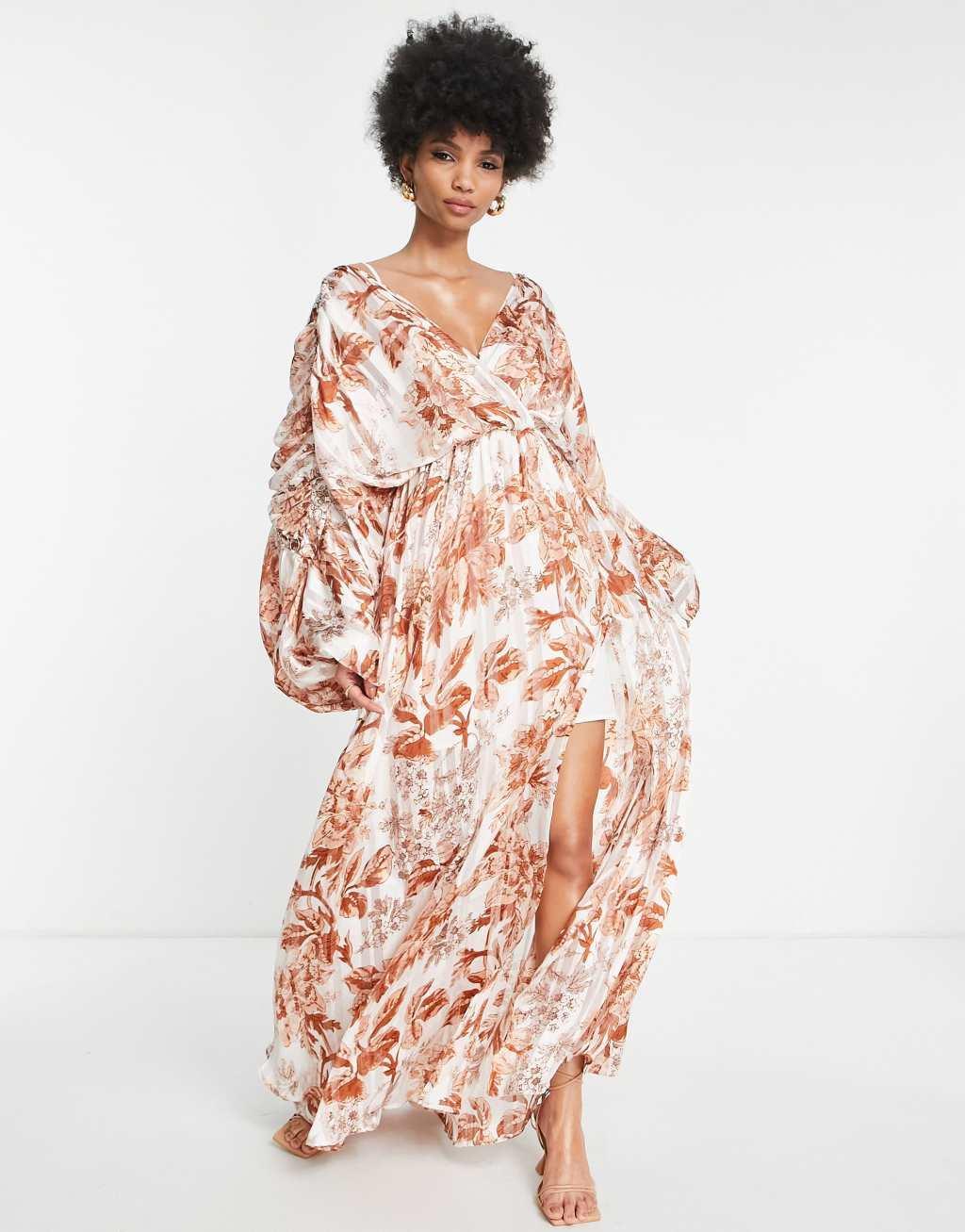 ASOS DESIGN Tall satin stripe blouson maxi dress with ring detail in floral print  Product Image