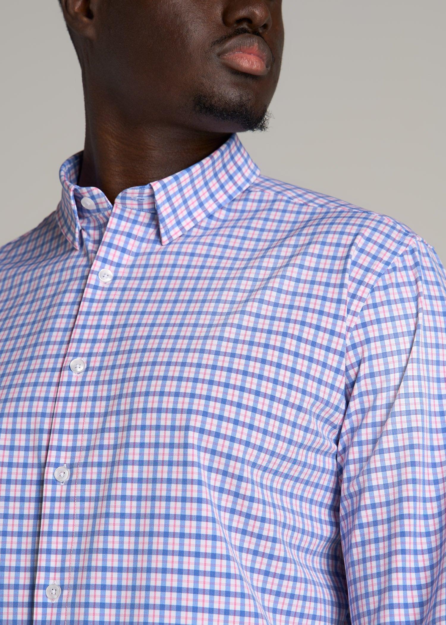 Traveler Stretch Dress Shirt for Tall Men in Blue and Rose Grid Product Image