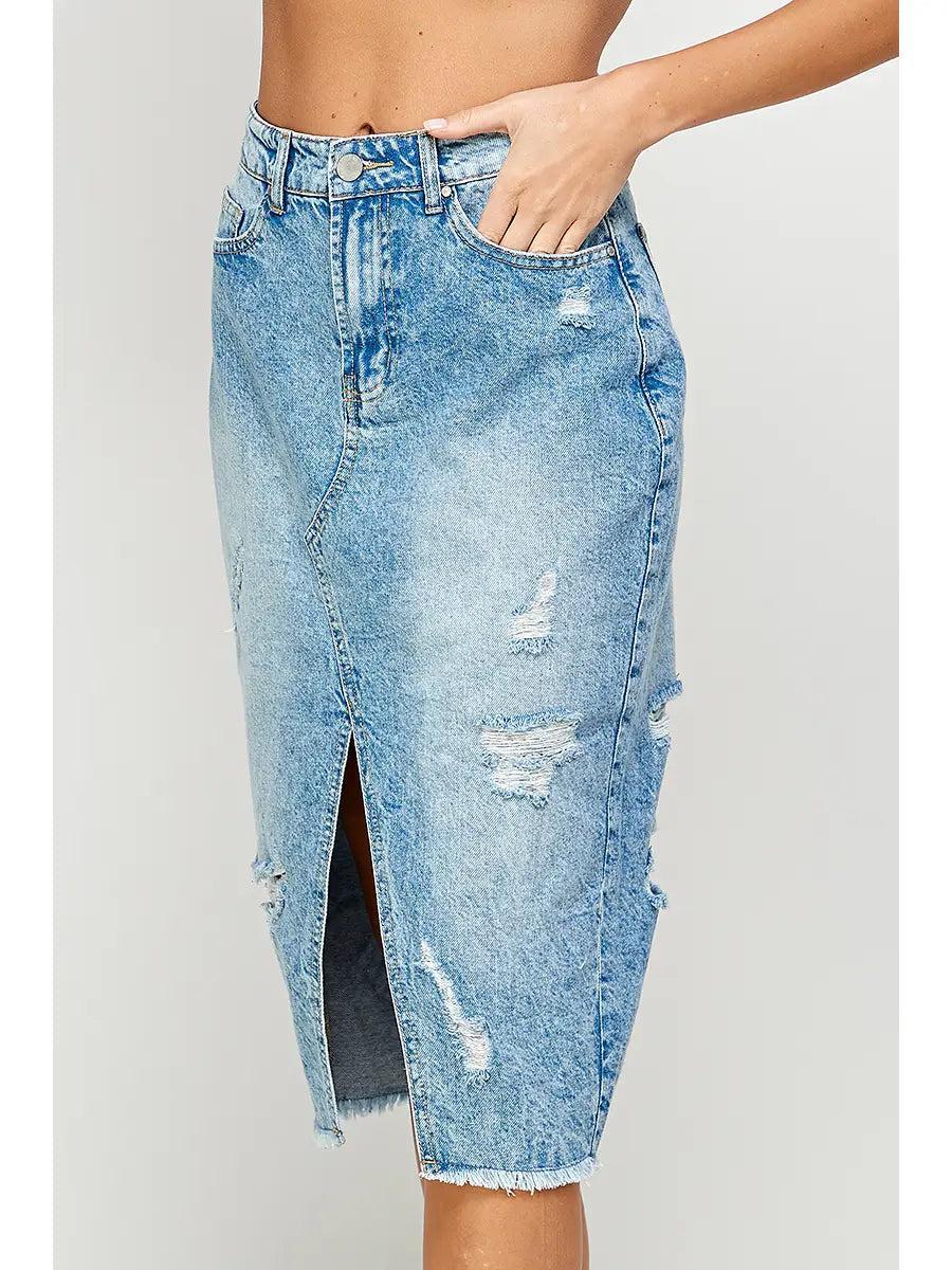 Distressed Long Denim Skirt Product Image