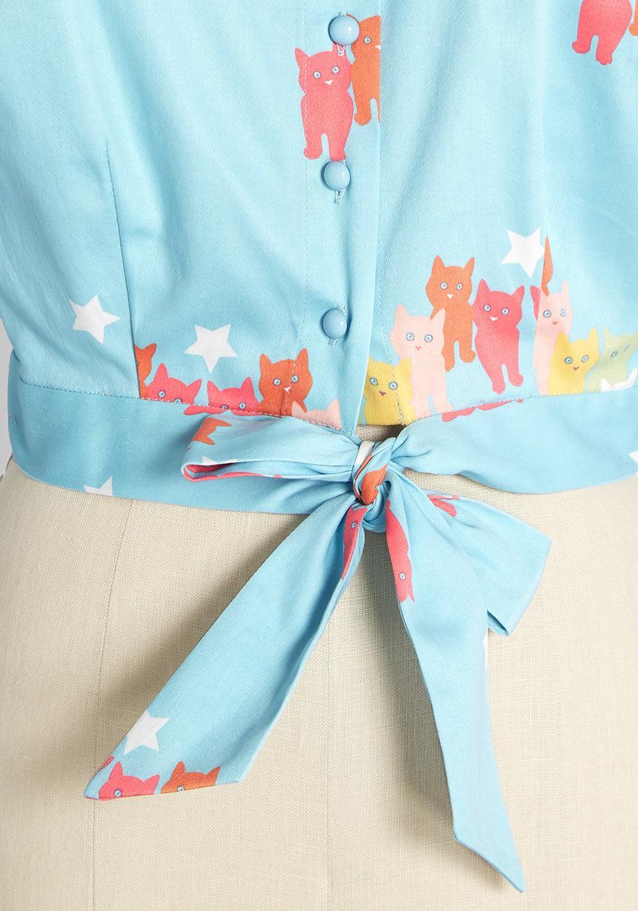 Modcloth X Collectif Curious And Colorful Cats Puff Sleeve Top Product Image