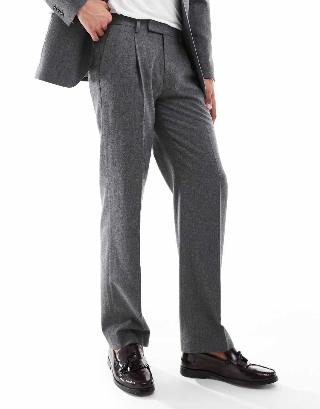 ASOS DESIGN straight leg flannel wool mix suit pants in heathered charcoal Product Image