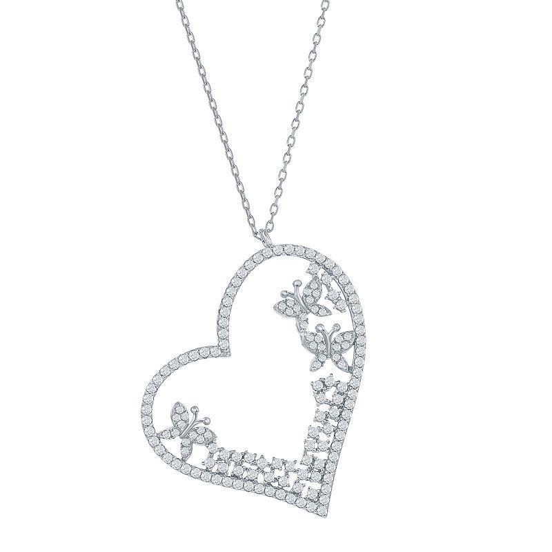 Sterling Silver Cubic Zirconia Heart & Butterflies Necklace, Womens Product Image