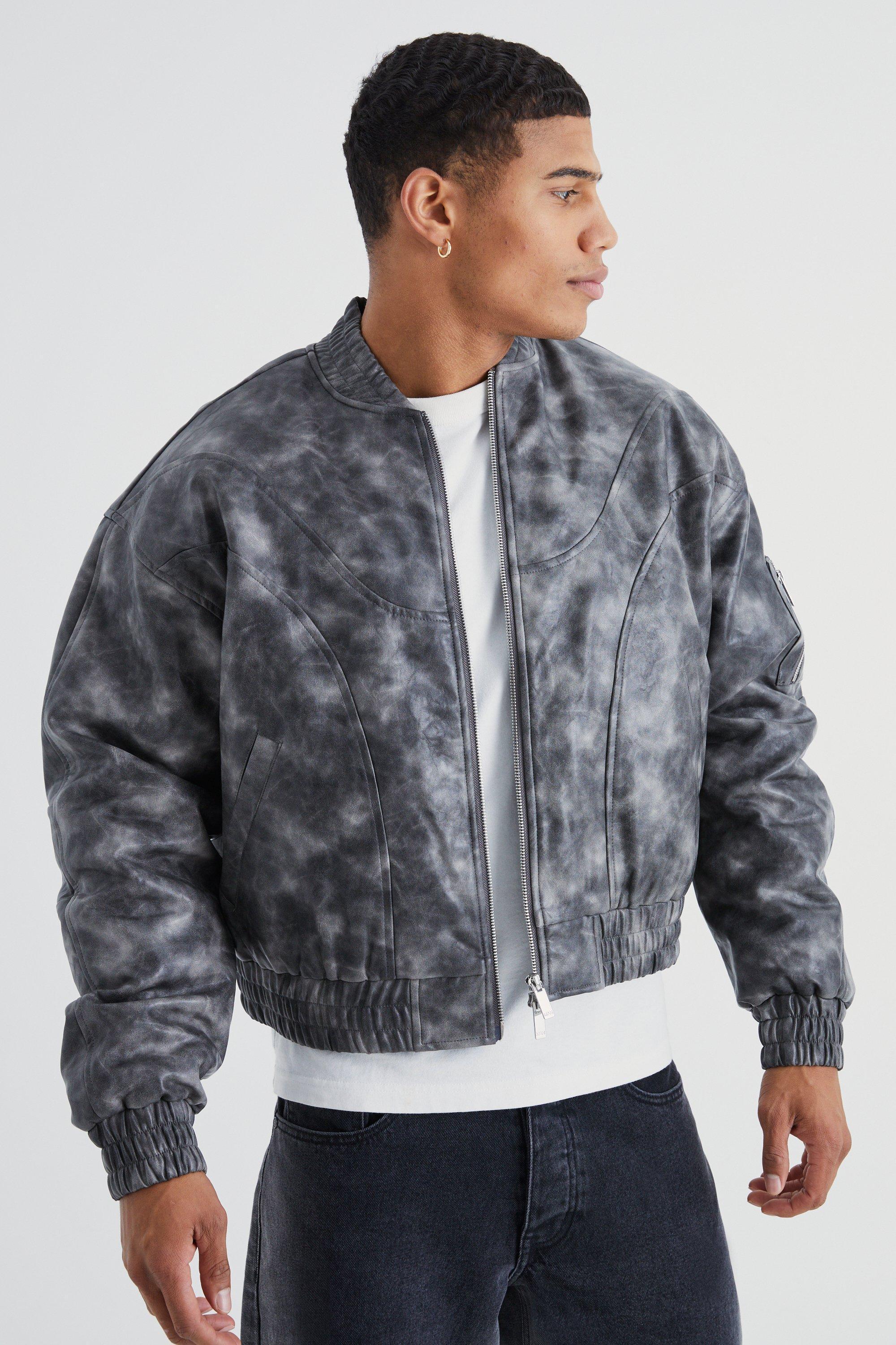 Boxy Washed Pu Seam Detail Padded Bomber | boohooMAN USA Product Image