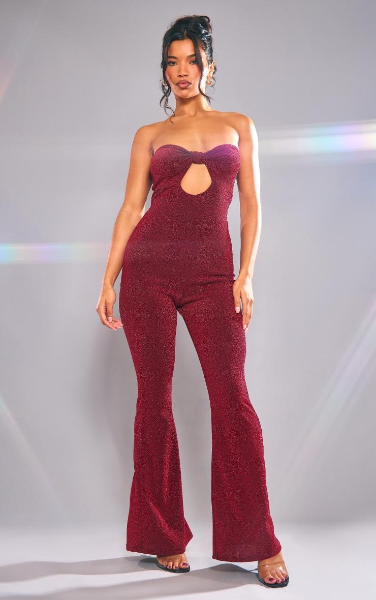 Burgundy Glitter Knot Cut Out Bandeau Jumpsuit product image