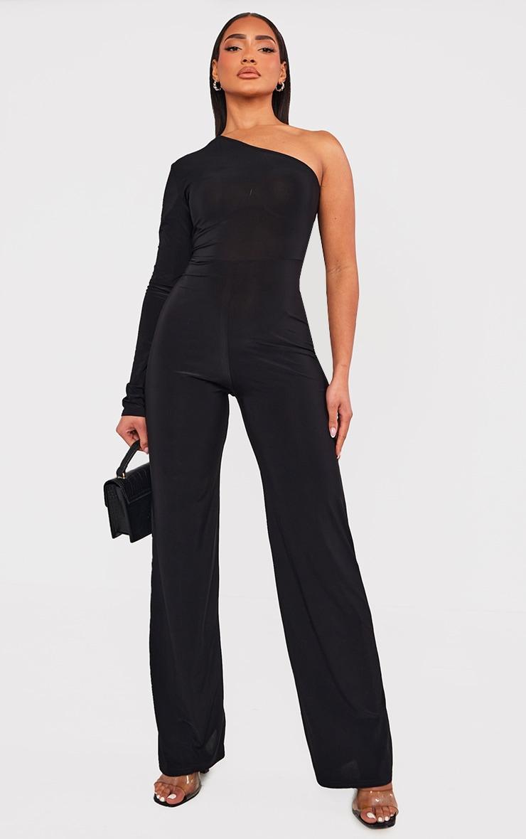 Black Slinky One Shoulder Straight Leg Jumpsuit Product Image