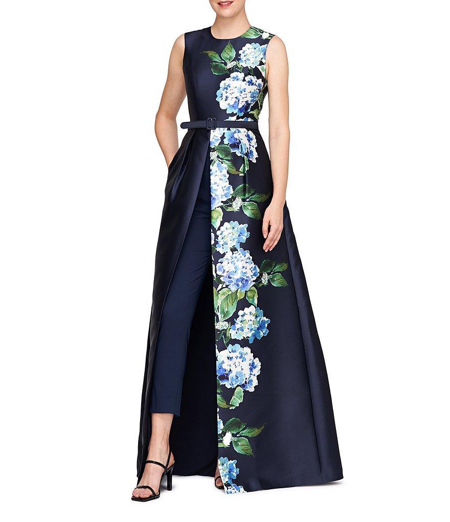 Kay Unger Finley Mikado Floral Print Crew Neck Sleeveless Straight Leg Belted Walk Through Gown Product Image