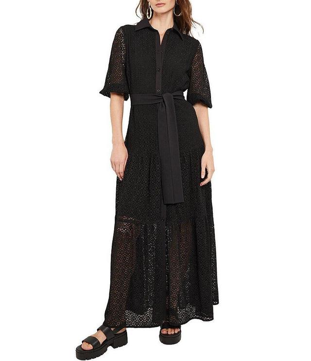 MISOOK Eyelet Lace Woven Contrast Trim Point Collar Elbow Sleeve Belted Long Shirt Dress Product Image